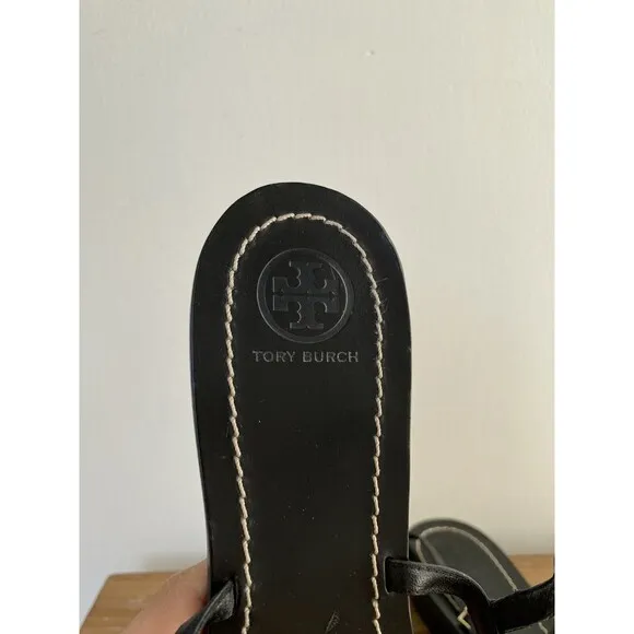 Tory Burch Gemini Sandals Thongs Black Leather Gold Chain Link T Strap SZ 8 1/2