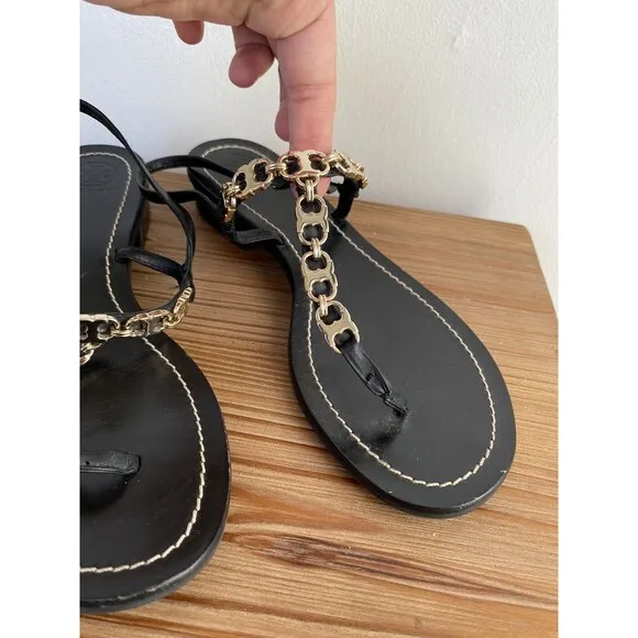 Tory Burch Gemini Sandals Thongs Black Leather Gold Chain Link T Strap SZ 8 1/2