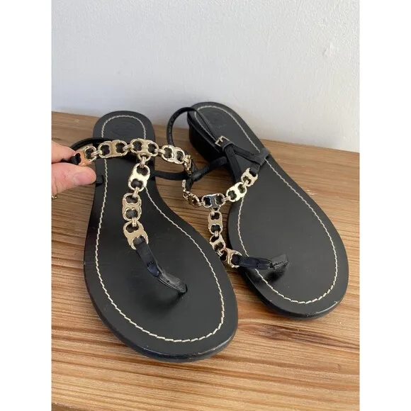 Tory Burch Gemini Sandals Thongs Black Leather Gold Chain Link T Strap SZ 8 1/2