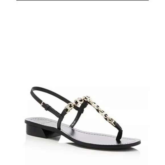 Tory Burch Gemini Sandals Thongs Black Leather Gold Chain Link T Strap SZ 8 1/2