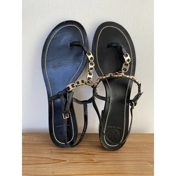 Tory Burch Gemini Sandals Thongs Black Leather Gold Chain Link T Strap SZ 8 1/2