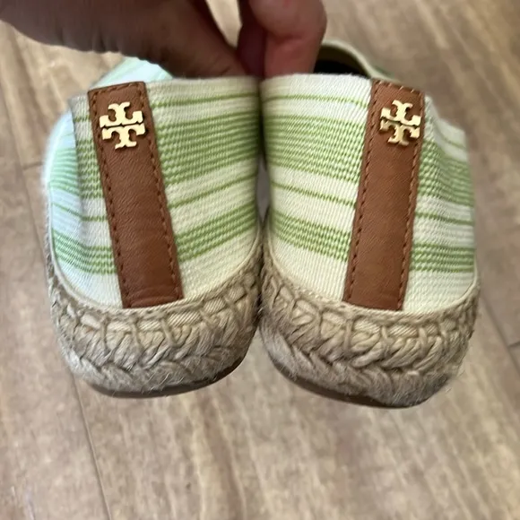 Tory Burch Green Beige Striped Espadrille Flats Shoes Size 7
