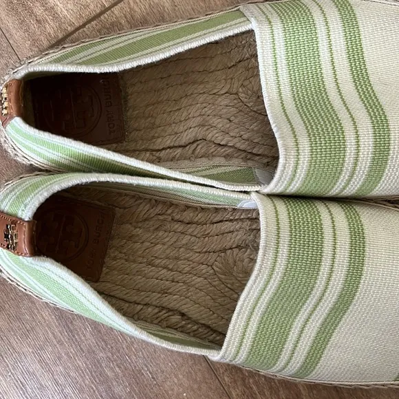 Tory Burch Green Beige Striped Espadrille Flats Shoes Size 7
