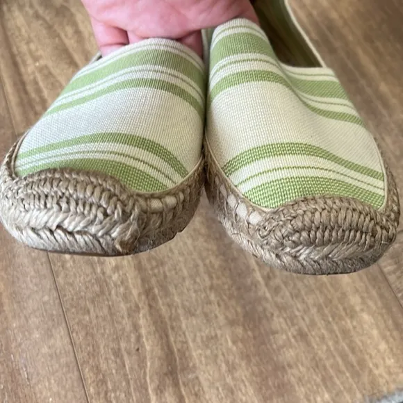 Tory Burch Green Beige Striped Espadrille Flats Shoes Size 7