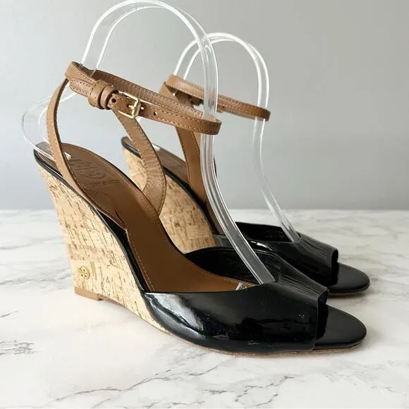 Tory Burch Leather Cork Wedge Ankle Wrap Sandals Leather Women’s Size 9.5 EUC