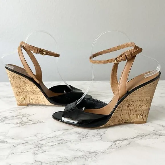 Tory Burch Leather Cork Wedge Ankle Wrap Sandals Leather Women’s Size 9.5 EUC