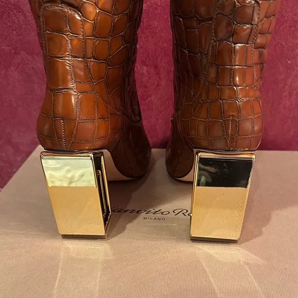 Tory Burch leather Elegant Brown Croc-Embossed Knee-High Boots