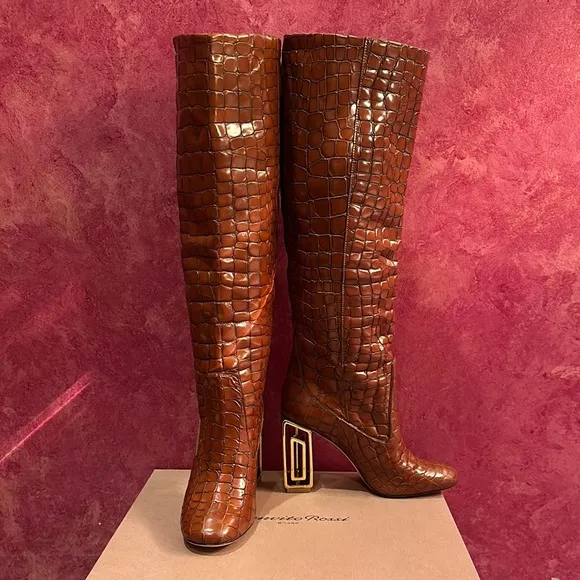 Tory Burch leather Elegant Brown Croc-Embossed Knee-High Boots