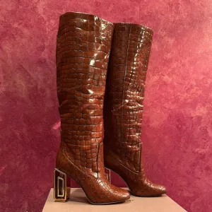 Tory Burch leather Elegant Brown Croc-Embossed Knee-High Boots