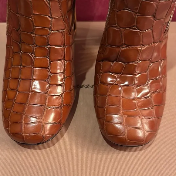 Tory Burch leather Elegant Brown Croc-Embossed Knee-High Boots