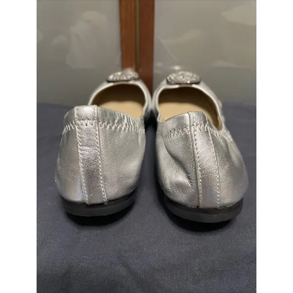 Tory Burch Liana Crystal Embellished Medallion Silver Leather Ballet Flats 7 M