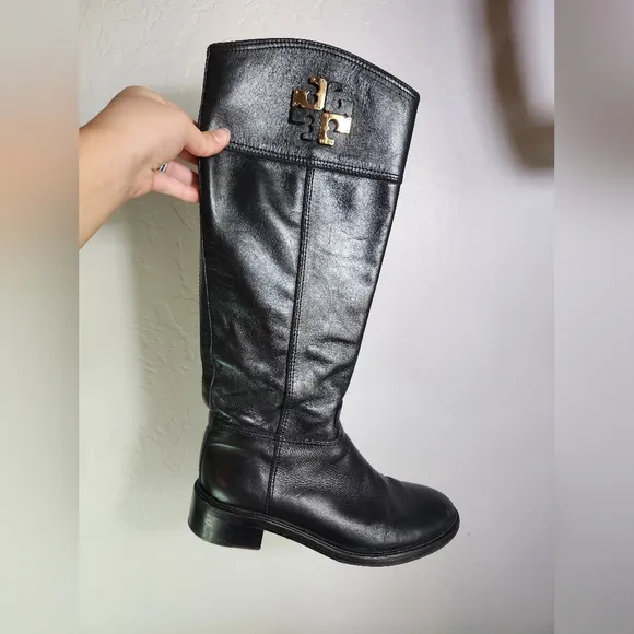 Tory Burch Lowell Logo 2 Black Leather Knee High Riding Boots Size 9M