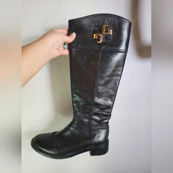 Tory Burch Lowell Logo 2 Black Leather Knee High Riding Boots Size 9M