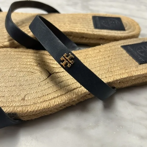 Tory Burch Navy Leather Two Strap Espedrille Flat Sandals Size 9.5