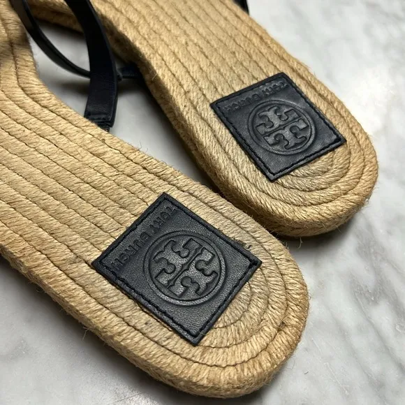 Tory Burch Navy Leather Two Strap Espedrille Flat Sandals Size 9.5