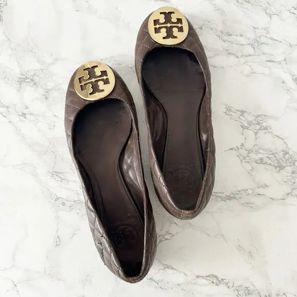 Tory Burch Quinn Quilted Brown Leather Ballet Flats Women’s Size 8 fit 7.5