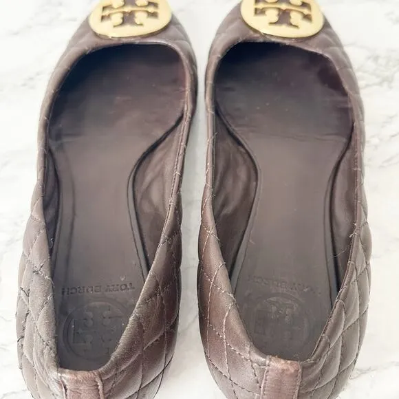 Tory Burch Quinn Quilted Brown Leather Ballet Flats Women’s Size 8 fit 7.5