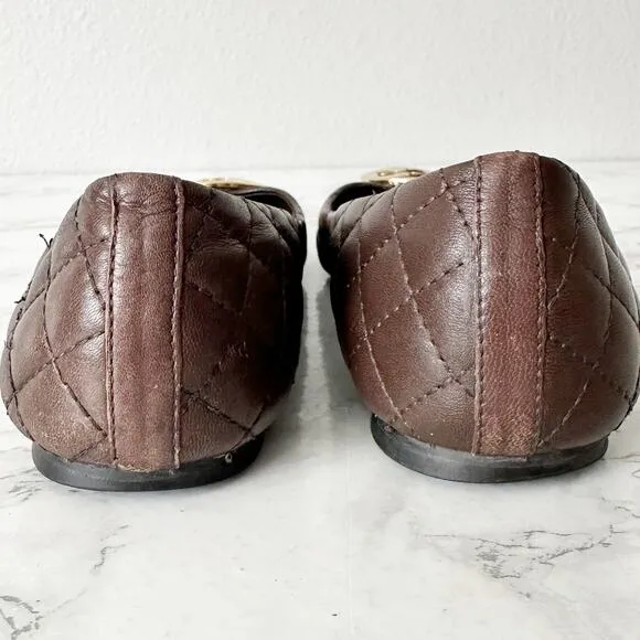 Tory Burch Quinn Quilted Brown Leather Ballet Flats Women’s Size 8 fit 7.5