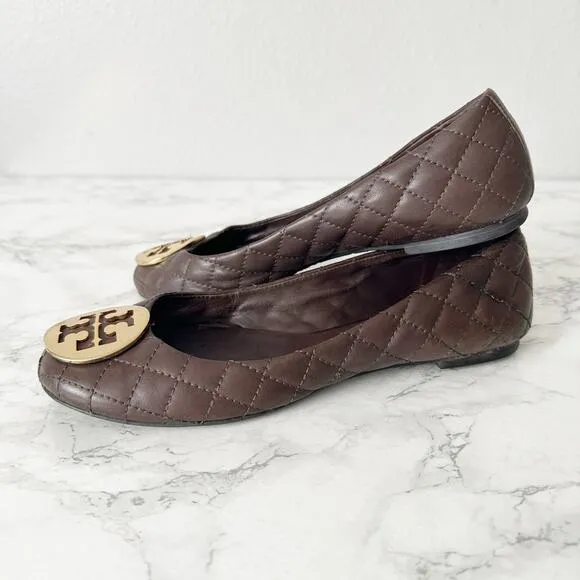 Tory Burch Quinn Quilted Brown Leather Ballet Flats Women’s Size 8 fit 7.5