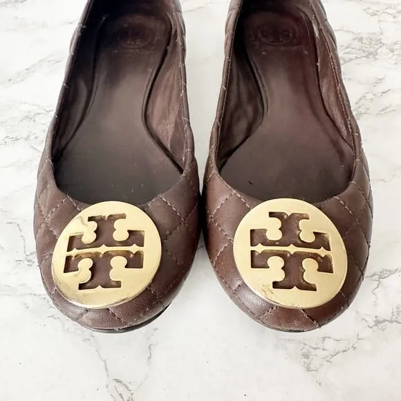 Tory Burch Quinn Quilted Brown Leather Ballet Flats Women’s Size 8 fit 7.5