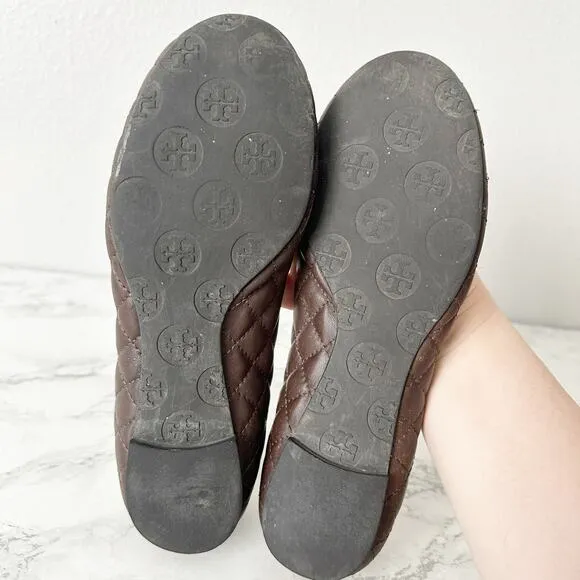 Tory Burch Quinn Quilted Brown Leather Ballet Flats Women’s Size 8 fit 7.5