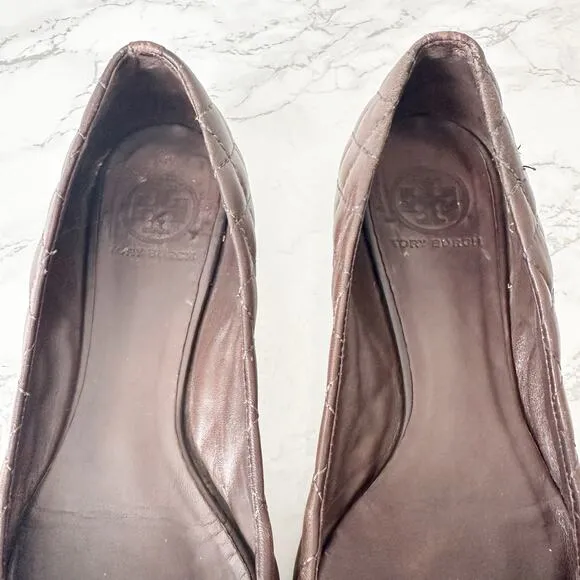 Tory Burch Quinn Quilted Brown Leather Ballet Flats Women’s Size 8 fit 7.5
