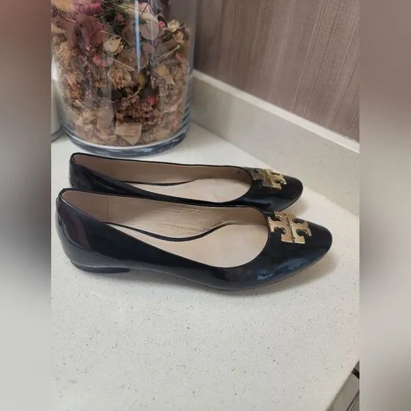 Tory Burch Raleigh Black Flats with Gold Accents 9M