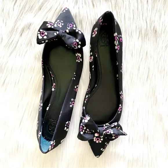 Tory Burch Rosalind Ballet Flats 9.5 Black Floral NWOT