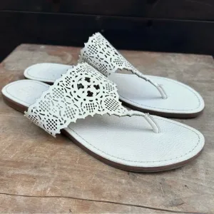 Tory Burch slides sandals flats size 9.5 cutout leather off white lattice eyelet
