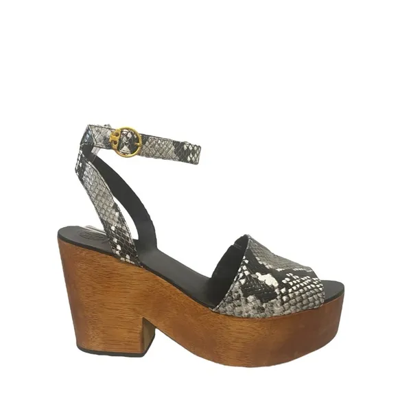 Tory Burch Snake Print Spring Leather Platform Slip On Chunky Heel Sandals