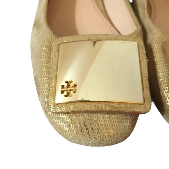 Tory Burch Sparkling Gold Suede Flats  Metallic Loafers Women's size 7.5 M