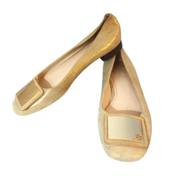 Tory Burch Sparkling Gold Suede Flats  Metallic Loafers Women's size 7.5 M
