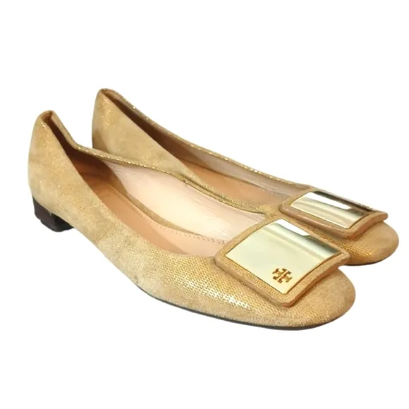 Tory Burch Sparkling Gold Suede Flats  Metallic Loafers Women's size 7.5 M