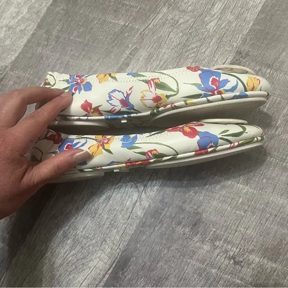 Tory Burch White Floral Nappa Leather Minnie Travel Ballet Flat Logo Size 7