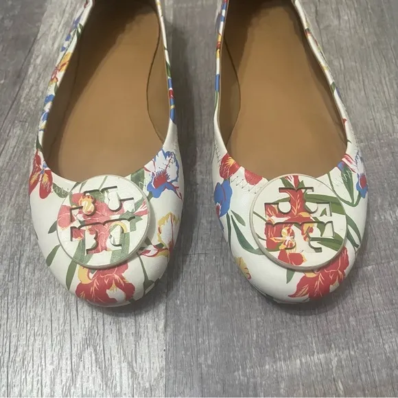 Tory Burch White Floral Nappa Leather Minnie Travel Ballet Flat Logo Size 7