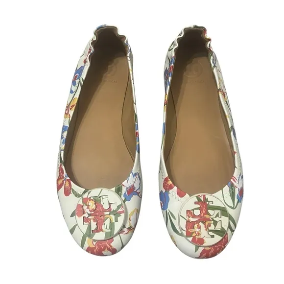 Tory Burch White Floral Nappa Leather Minnie Travel Ballet Flat Logo Size 7