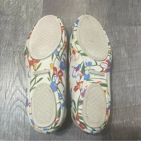 Tory Burch White Floral Nappa Leather Minnie Travel Ballet Flat Logo Size 7