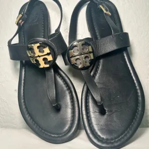 Tory Burch Women's Sz 7 Bryce Black Leather Ankle Strap Flat Thong Sandals