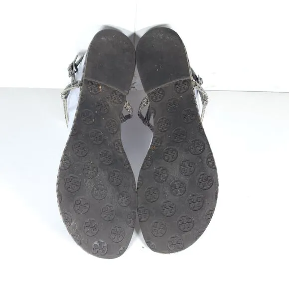 Tory Burch Women's US11M Gray Leather Animal Print T strap Flat Thong Sandals