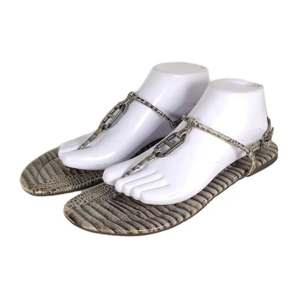 Tory Burch Women's US11M Gray Leather Animal Print T strap Flat Thong Sandals