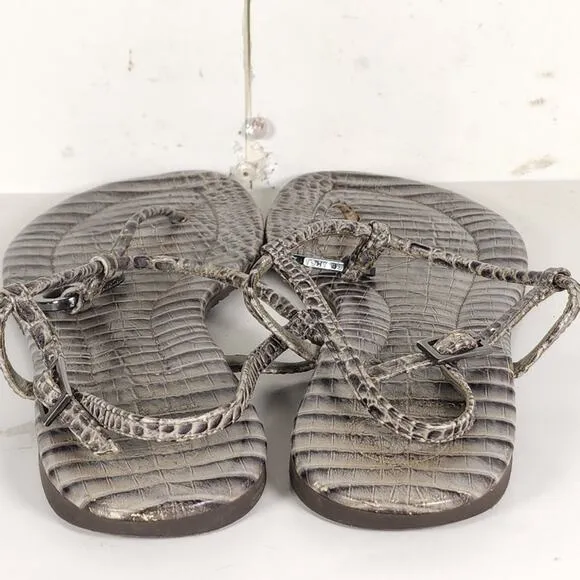 Tory Burch Women's US11M Gray Leather Animal Print T strap Flat Thong Sandals