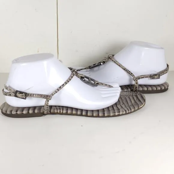 Tory Burch Women's US11M Gray Leather Animal Print T strap Flat Thong Sandals