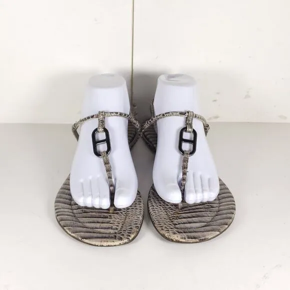 Tory Burch Women's US11M Gray Leather Animal Print T strap Flat Thong Sandals