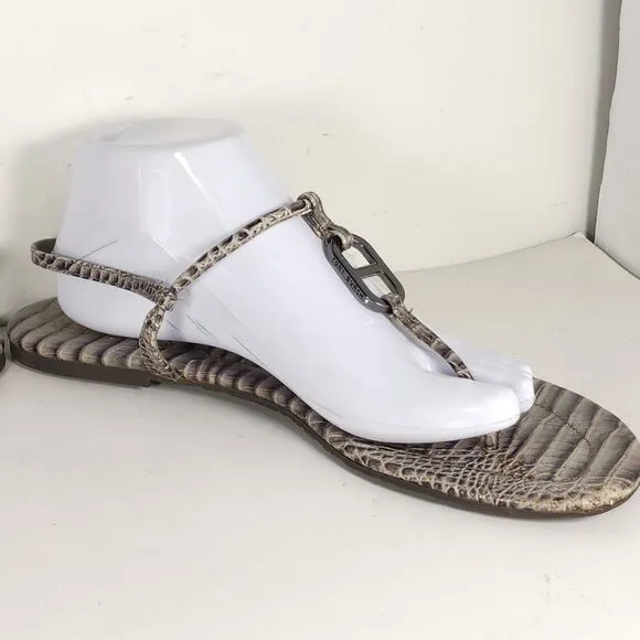 Tory Burch Women's US11M Gray Leather Animal Print T strap Flat Thong Sandals