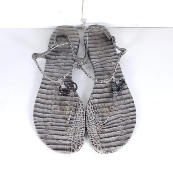 Tory Burch Women's US11M Gray Leather Animal Print T strap Flat Thong Sandals