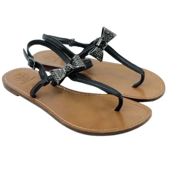 TORY BURCH~Bryn Pave Bow~Flat Thong Sandals Black Leather Women SIZE 7.5M