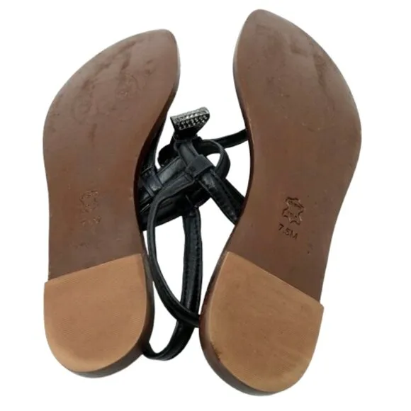 TORY BURCH~Bryn Pave Bow~Flat Thong Sandals Black Leather Women SIZE 7.5M