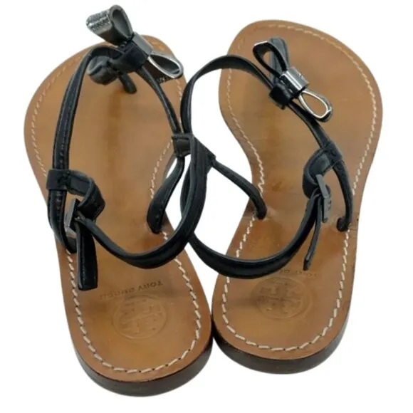 TORY BURCH~Bryn Pave Bow~Flat Thong Sandals Black Leather Women SIZE 7.5M