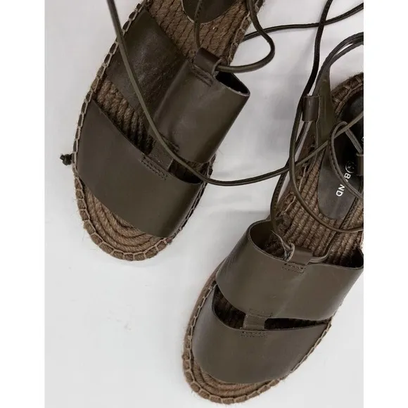 Treasure &amp; Bond Womens 5.5 M Bradd Green Leather Ankle Wrap Espadrille Sandals
