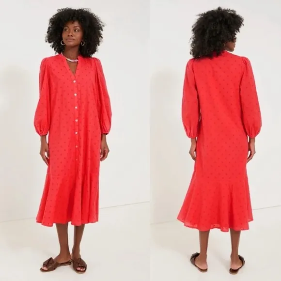 Tuckernuck Pomander Place Rosso Red Leila Maxi Dress Coral Swiss Dot Size Small